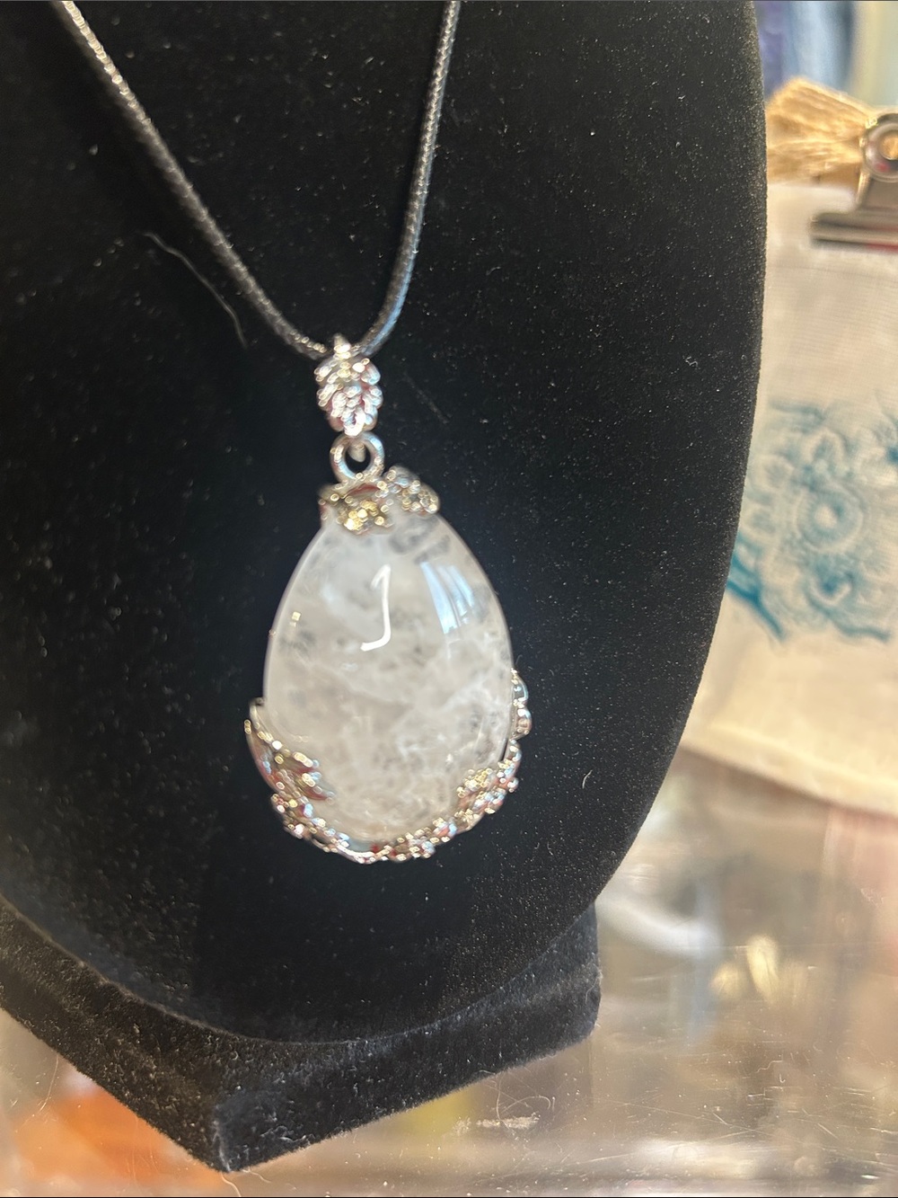 Milky Quartz & Silver Pendant Necklace 1.5”x 1” Known As A Cleansing Stone NWT
